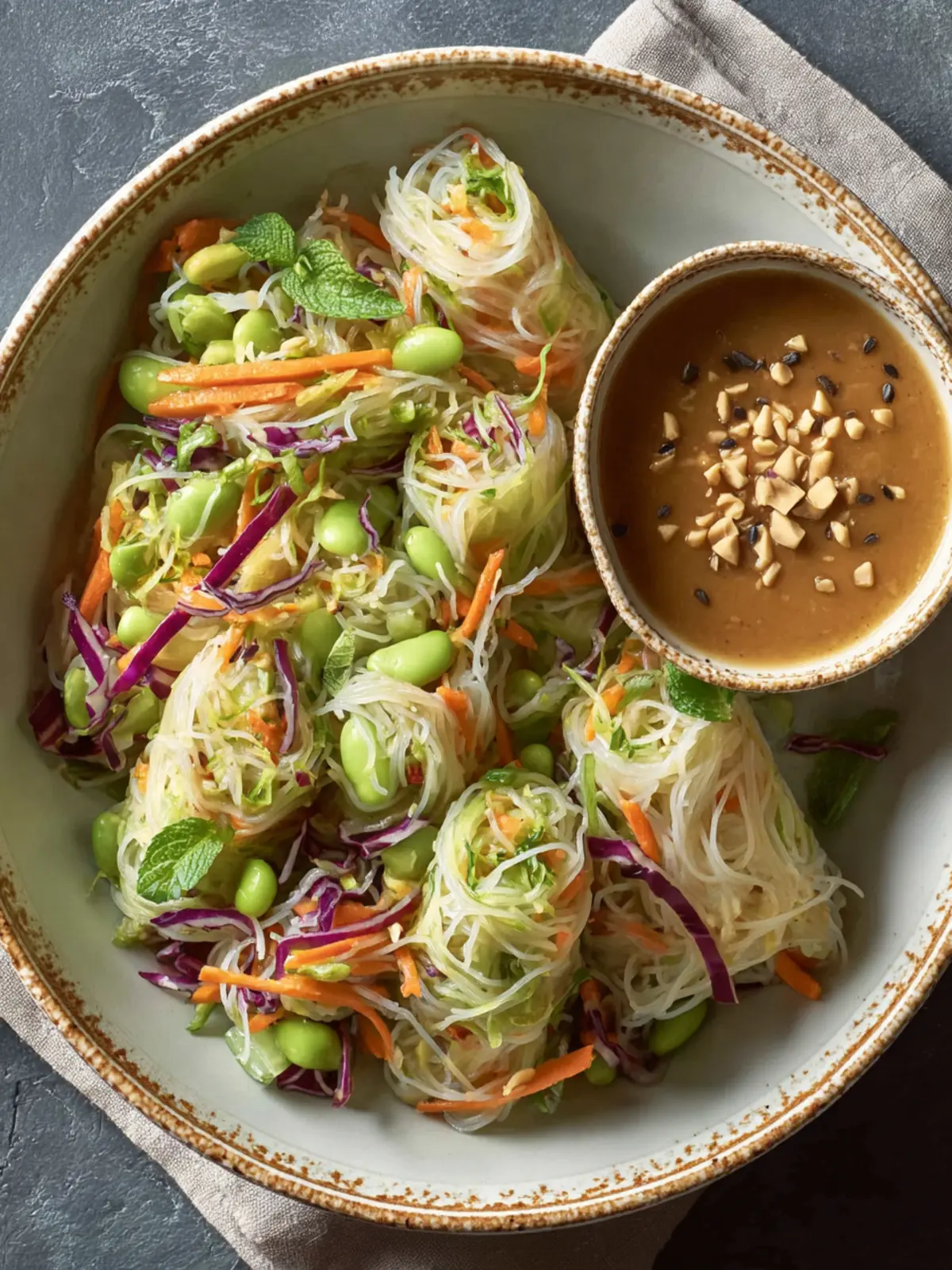 Fresh Spring Roll in a Bowl with Peanut Dressing First Image