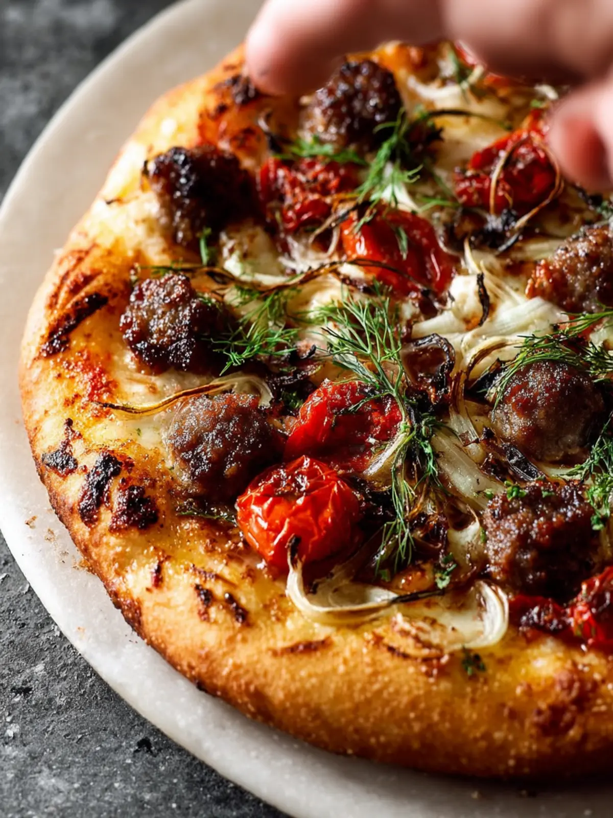Lamb Sausage Pizza with Confit Tomatoes and Fennel First Image
