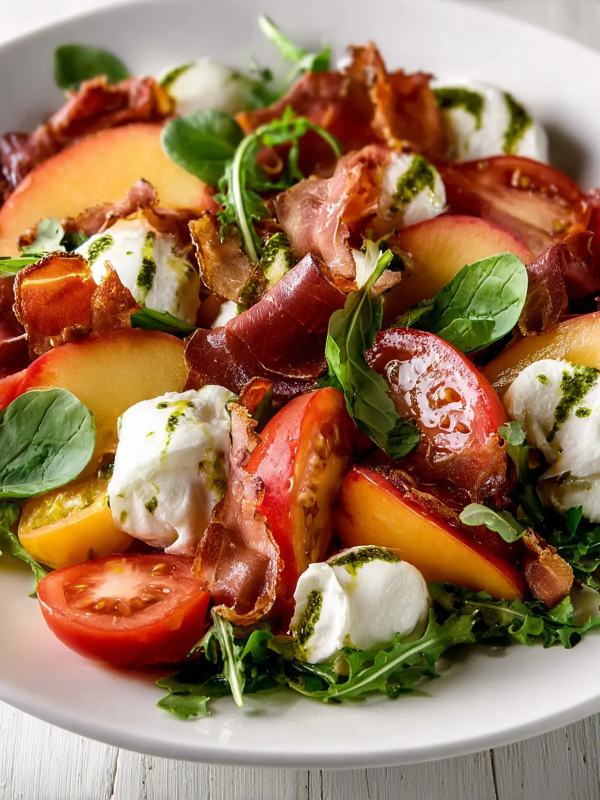 Peach and Tomato Mozzarella Salad: Juicy Delight with Crispy Prosciutto